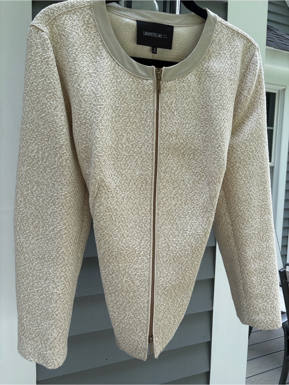 Lafayette 148 Full-Zip Cream Color Leather accents/trim Tweed Blazer Jacket